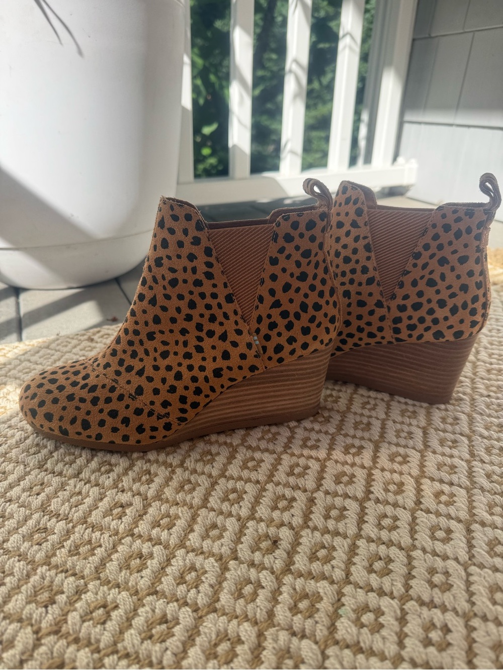 TOMS Leopard Print Tan Wedge Booties- 8.5